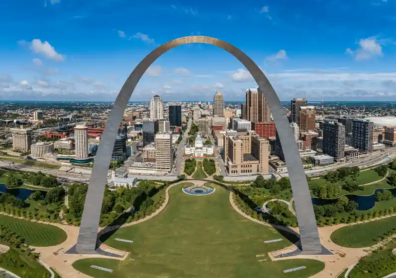 Drone view of the Gateway Arch and National park