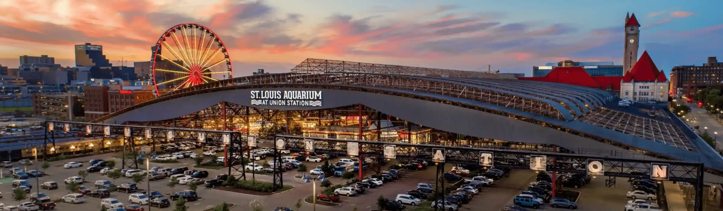 Overshot of St. Louis Union station with the skyline