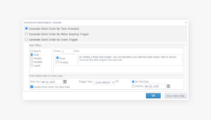 Schedule maintenance trigger dashboard detailed