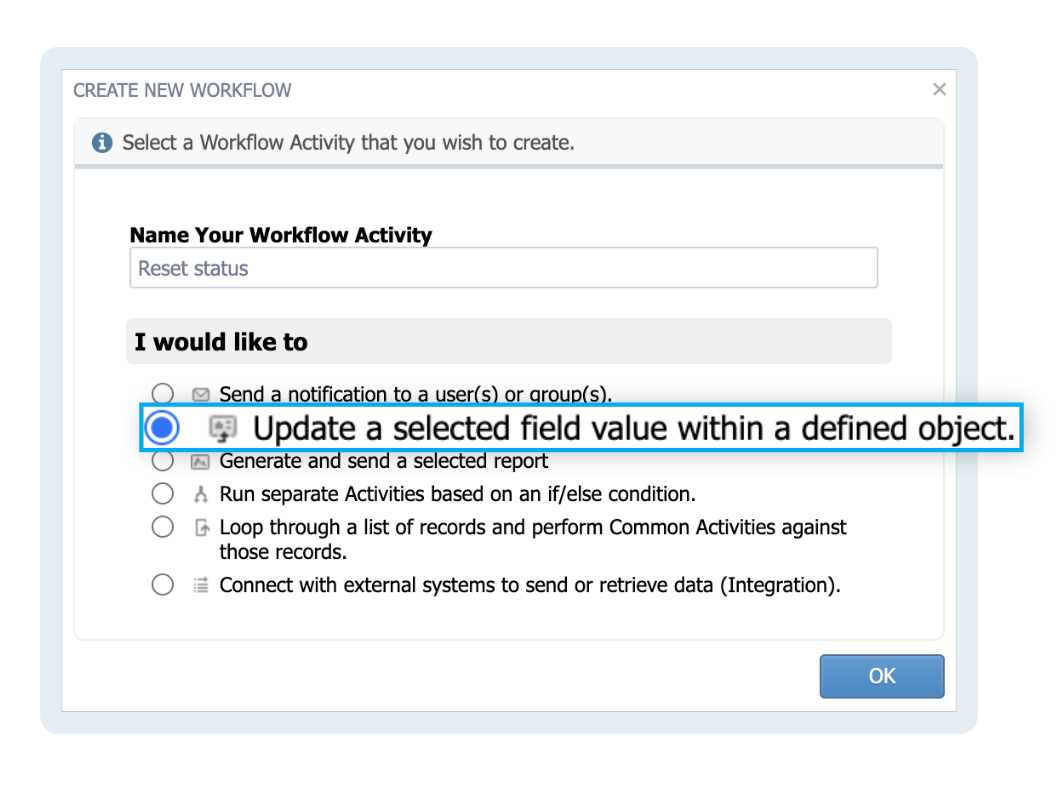 Create a new workflow window popup
