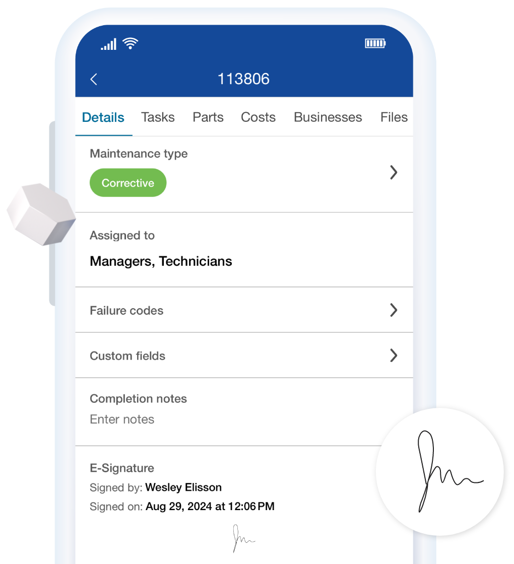 work order detail esignature mobile screen