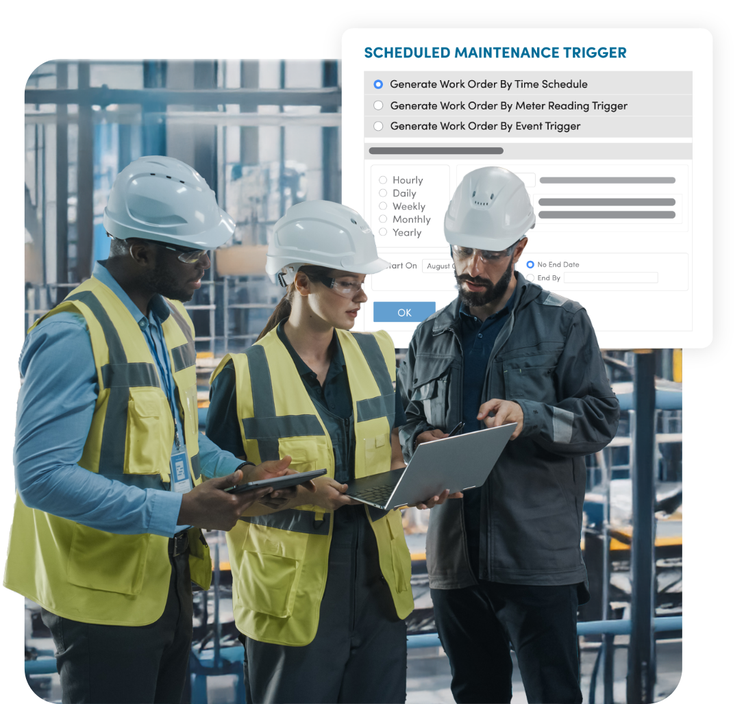Group of maintenance managers checking scheduled maintenance triggers