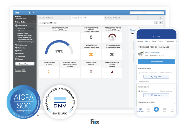 Fiix's AICPA SOC and ISO IEC 27001 badges