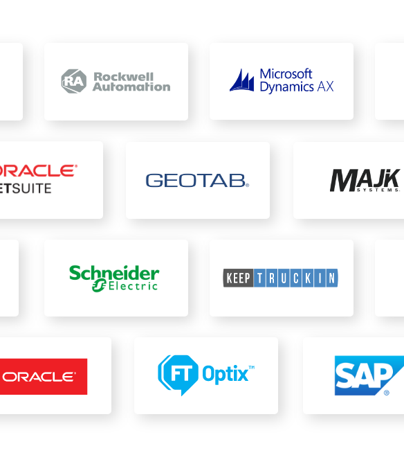 Fiix integrations with different systems: Rockwell Automation, Microsoft Dynamics AX, Oracle Netsuite, Geotab, Majik systems, Schneider Electric, Keep Truckin, Oracle, Sap