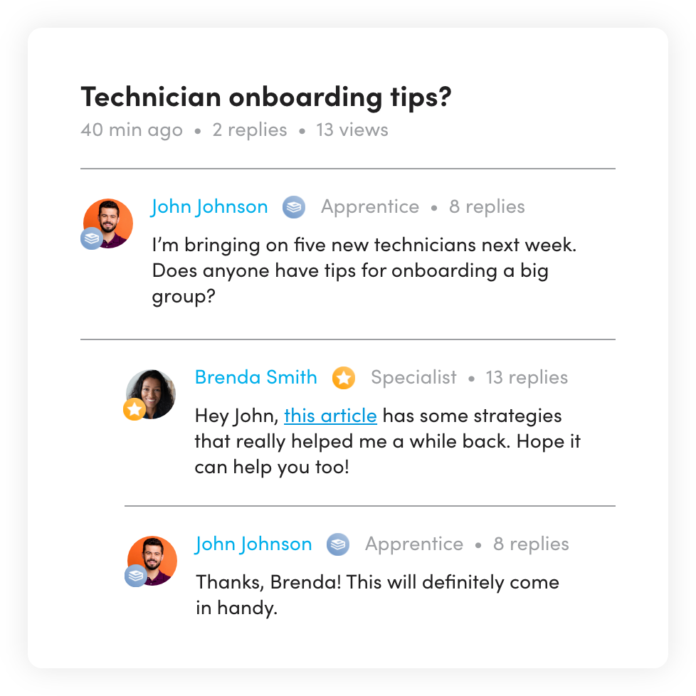 graphic of Fiix Community screen with Technician onboarding tips chat