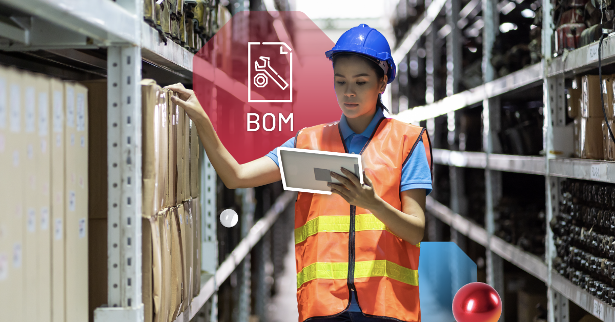 A maintenance manager reviewing a bill of materials on her iPad/tablet in a storeroom